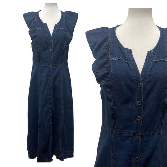 Anthropologie Pilcro Dark Blue Denim Ruffle Sleeve Maxi Midi Dress, 14. buttons - Picture 6 of 16